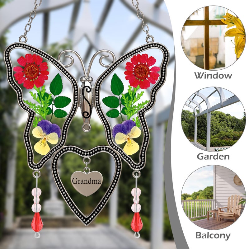 KUNDGLA فراشة Suncatcher الجدة زجاج الشمس الماسك أجنحة زهرة حقيقية مضغوطة في فراشة زجاجية Suncatchers الجدة هدية عيد ميلاد زخرفة للنوافذ مع سحر القلب المعدني - Image 4